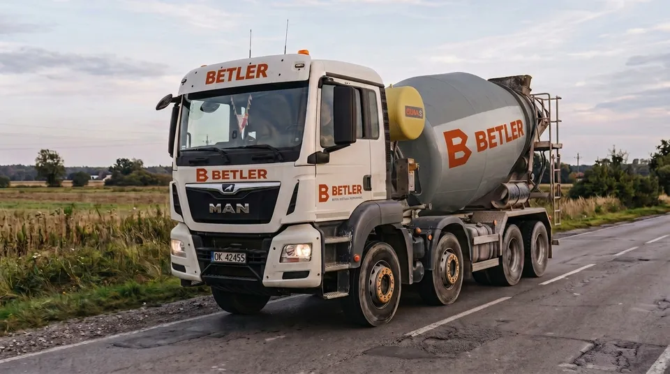 Betonomieszarka z oznaczeniem BETLER na drodze