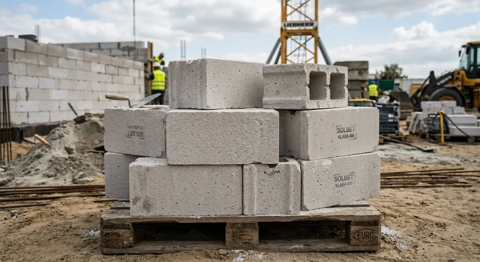 Bloczki betonu komórkowego na palecie na budowie