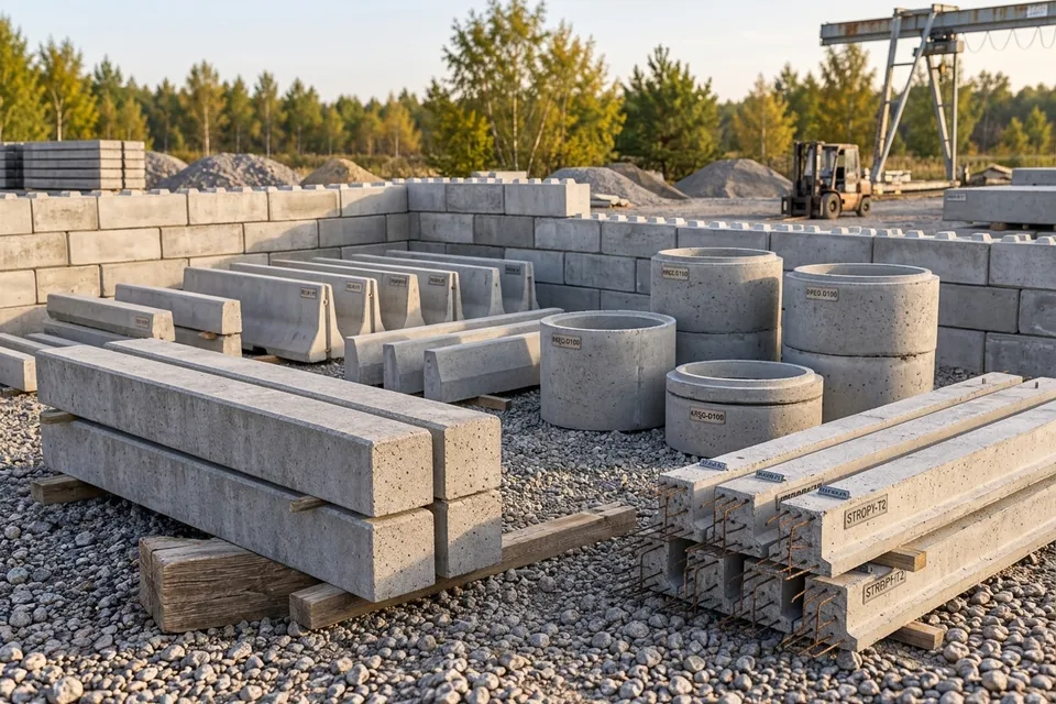 Belki, kręgi i inne prefabrykowane elementy betonowe na placu