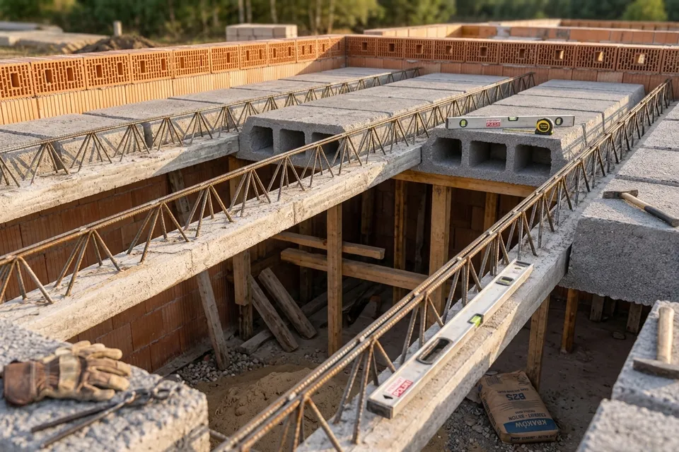 Belki kratownicowe i pustaki stropowe przed betonowaniem